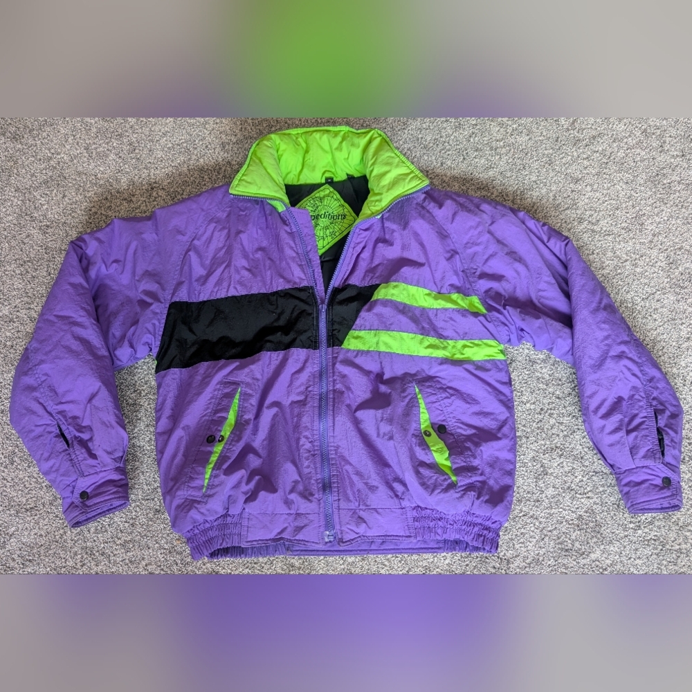 Vtg Retro Expeditions Purple/Green Nylon Colorblock Puffer Jacket Women's Medium